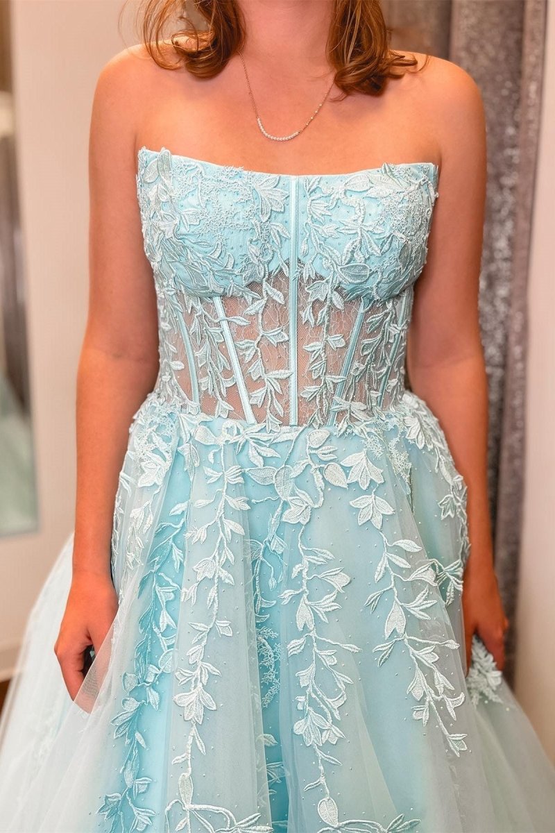 Nell | Aqua Blue Appliques Strapless A - Line Long Prom Dress - KissProm