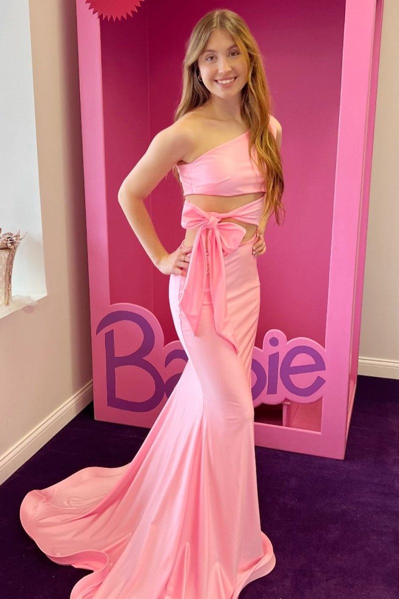 Melanie | Pink One - Shoulder Cutout Trumpet Long Prom Dress - KissProm