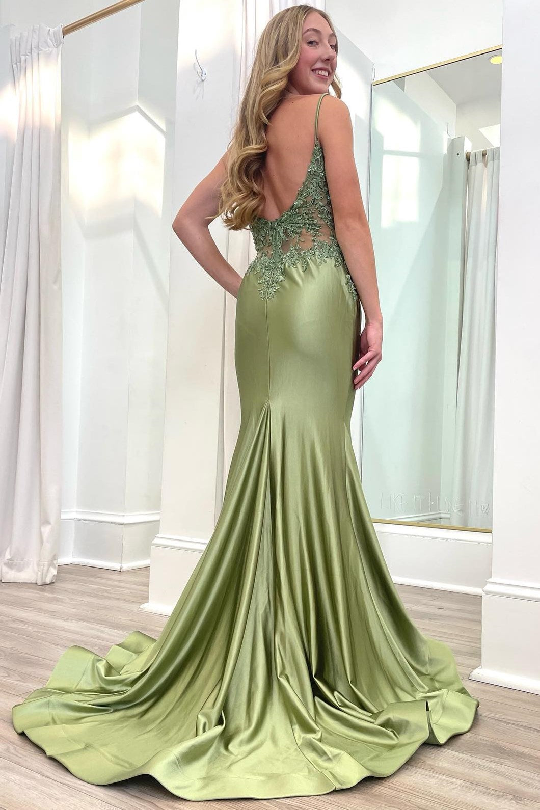 Sage Green Spaghetti Strap Backless Trumpet Long Gown KissProm