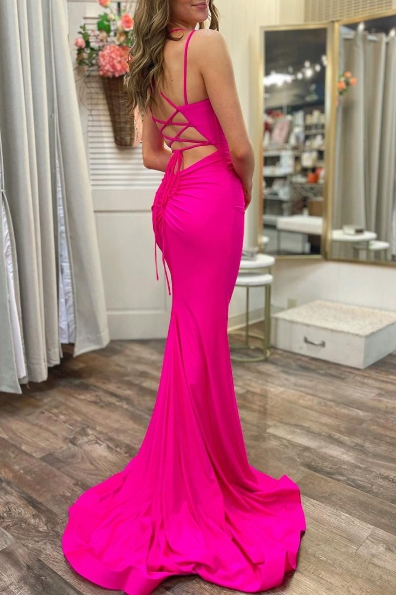 Hot Pink Scoop Neck Lace - Up Trumpet Long Formal Dress - KissProm