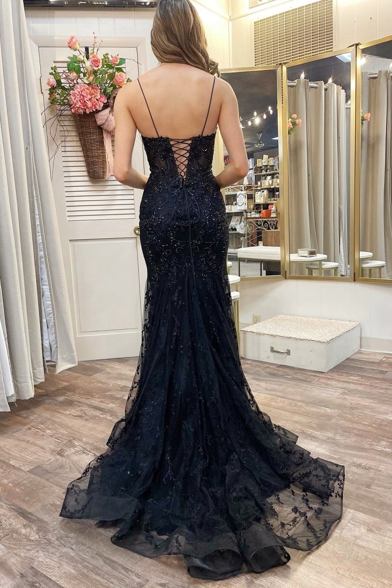 Black Appliques Plunge V Lace - Up Trumpet Prom Gown - KissProm