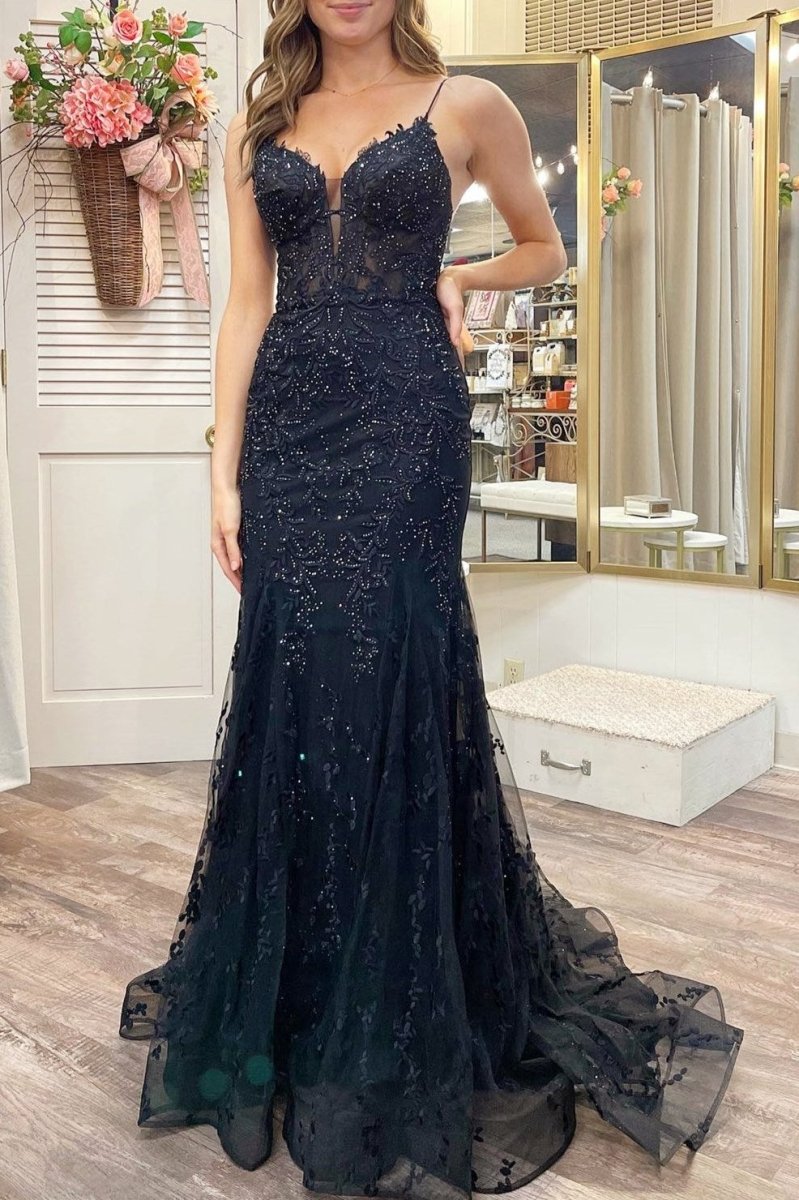 Black Appliques Plunge V Lace - Up Trumpet Prom Gown - KissProm