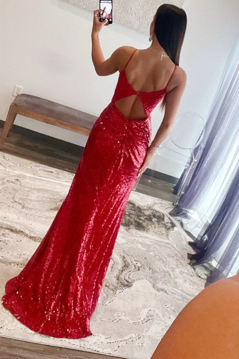 Red Sequin Plunge V Backless Mermaid Maxi Dress with Slit - KissProm