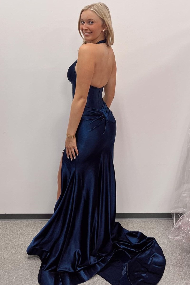 Josie | Navy Halter Corset Mermaid Plunging Deep V - neck Ruched Long Formal Dress with Slit - KissProm