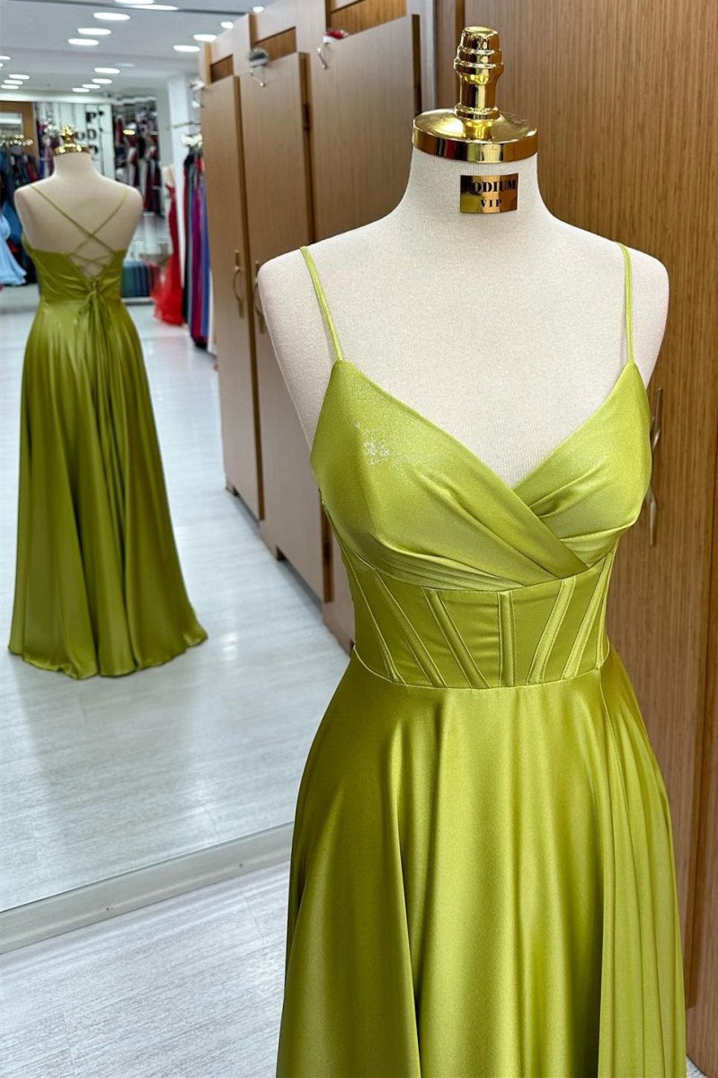 Olive Green Corset Lace - Up A - Line Long Formal Dress - KissProm