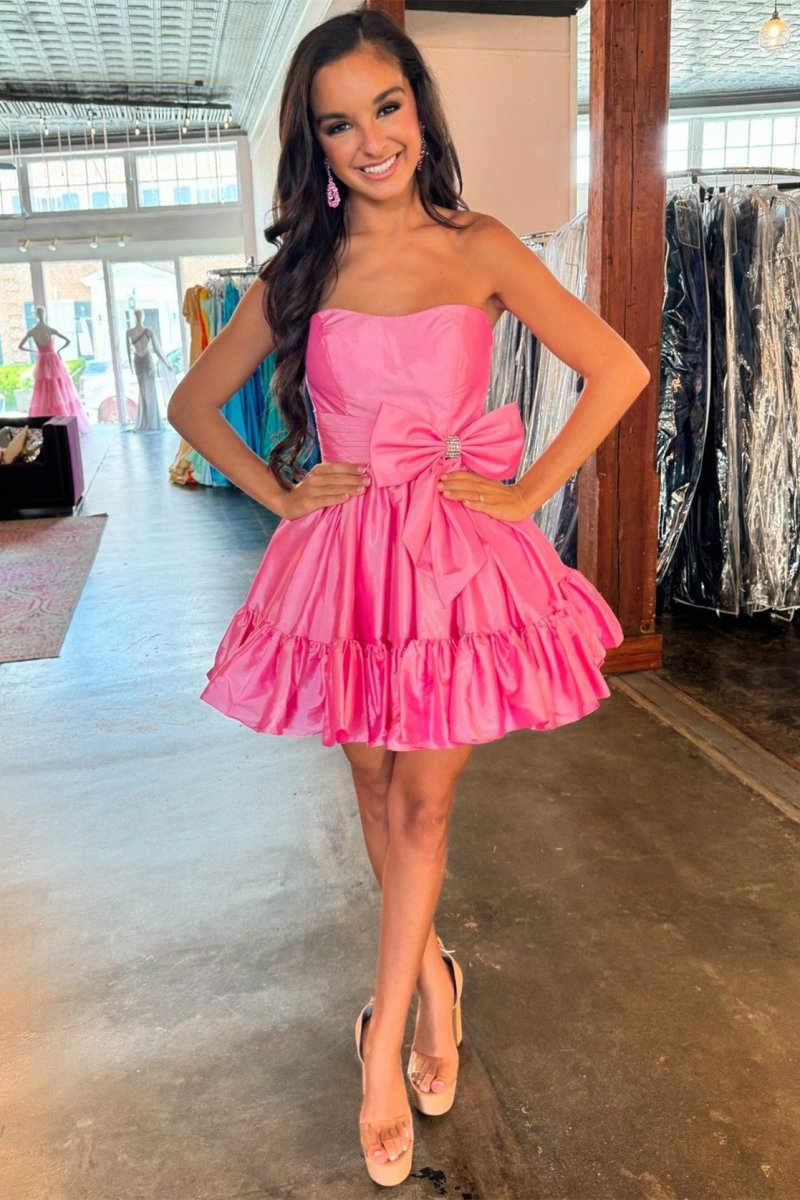 Hinako | Pink Strapless Ruffle Homecoming Dress with Bow - KissProm