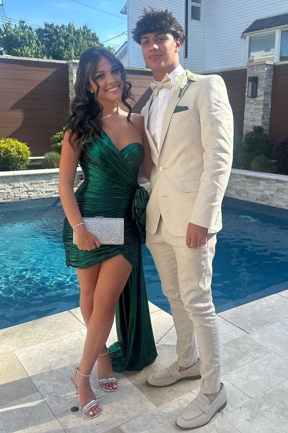 Lorie | Metallic Green One-Shoulder Ruched Homecoming Dress