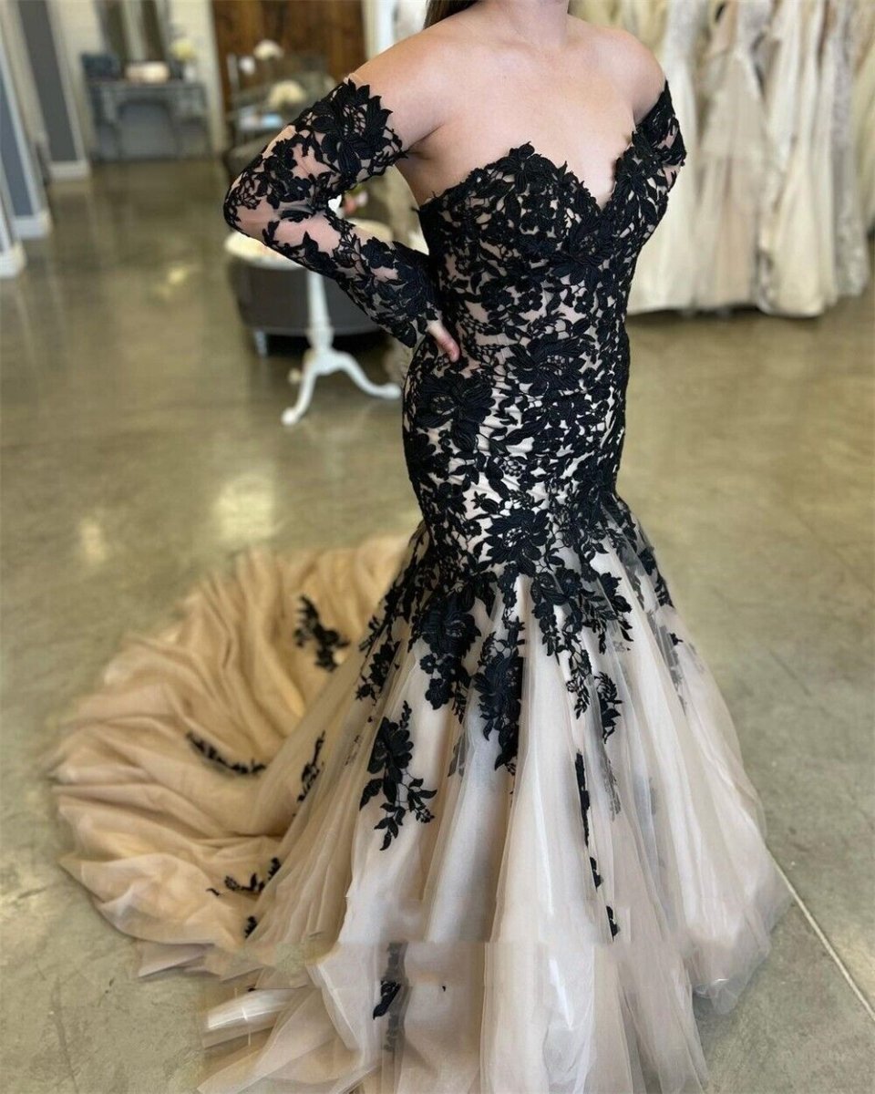 Mermaid Black Champagne Wedding Dresses Lace Strapless Sweep Train - KissProm