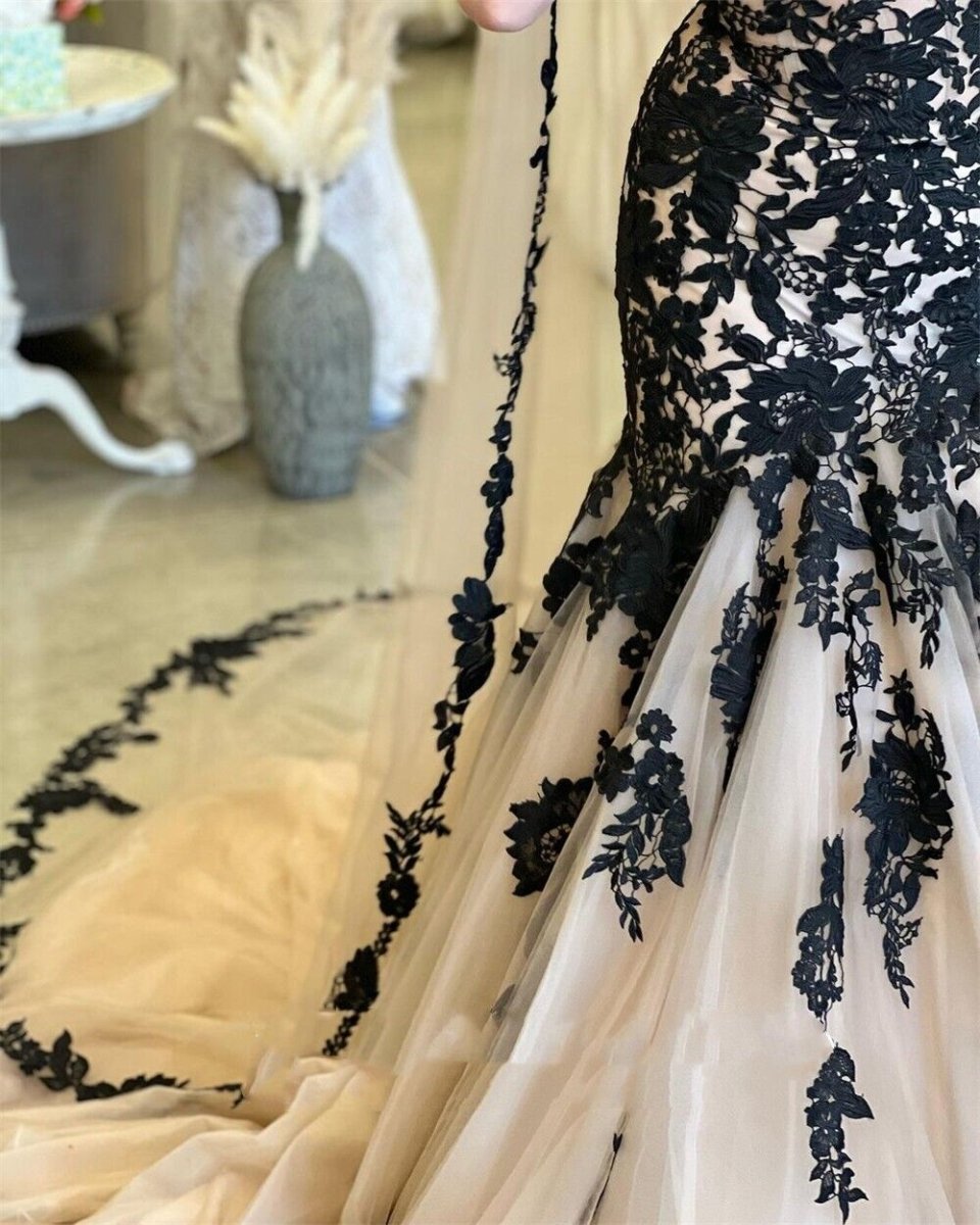 Mermaid Black Champagne Wedding Dresses Lace Strapless Sweep Train - KissProm