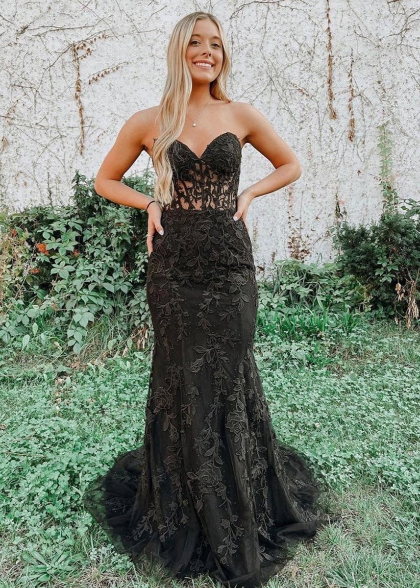 Evie |Mermaid Strapless Lace Prom Dress With Appliques - KissProm