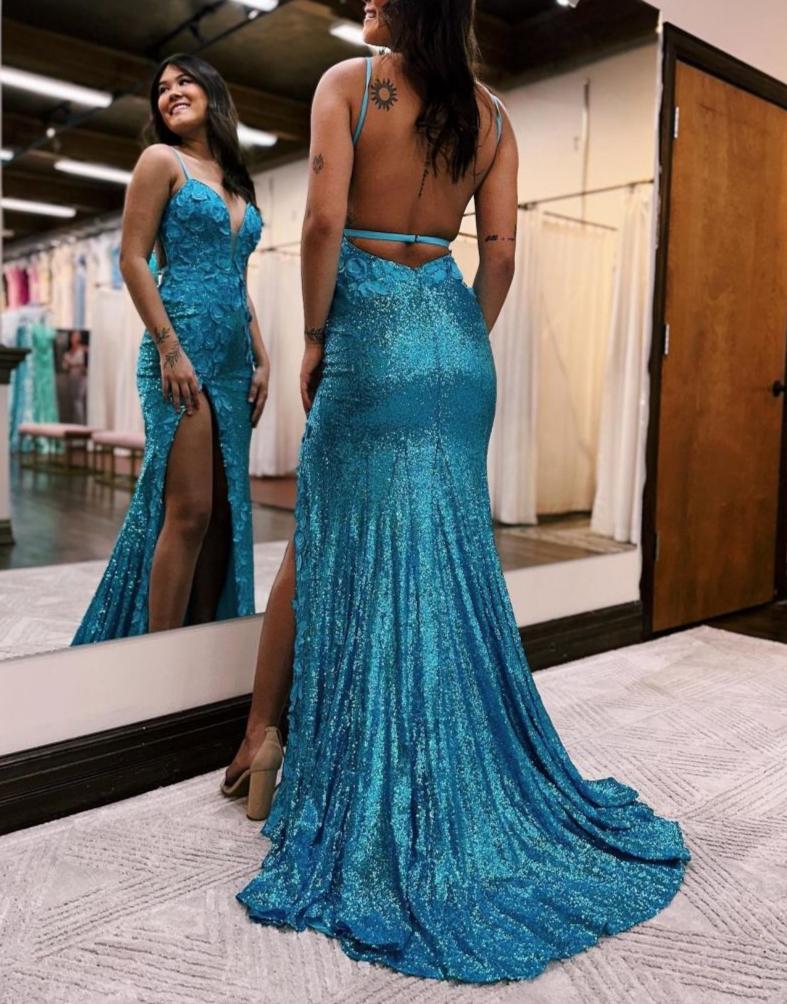 Turquoise sequin prom dress sale