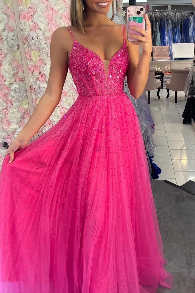 Emmalyn | Straps Neon Pink Beaded A - Line Long Formal Dress - KissProm