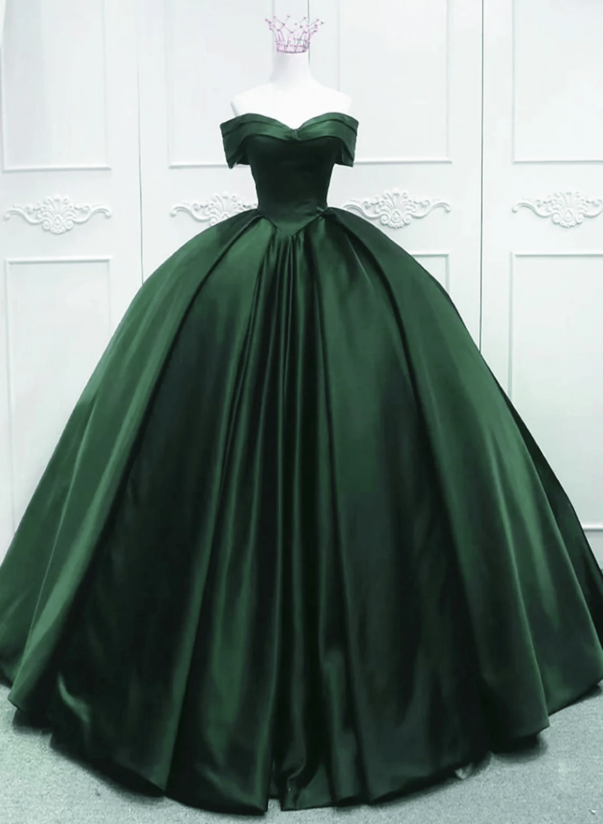 Off the Shoulder Ball Gown Dark Green Satin Quinceanera Dresses - KissProm