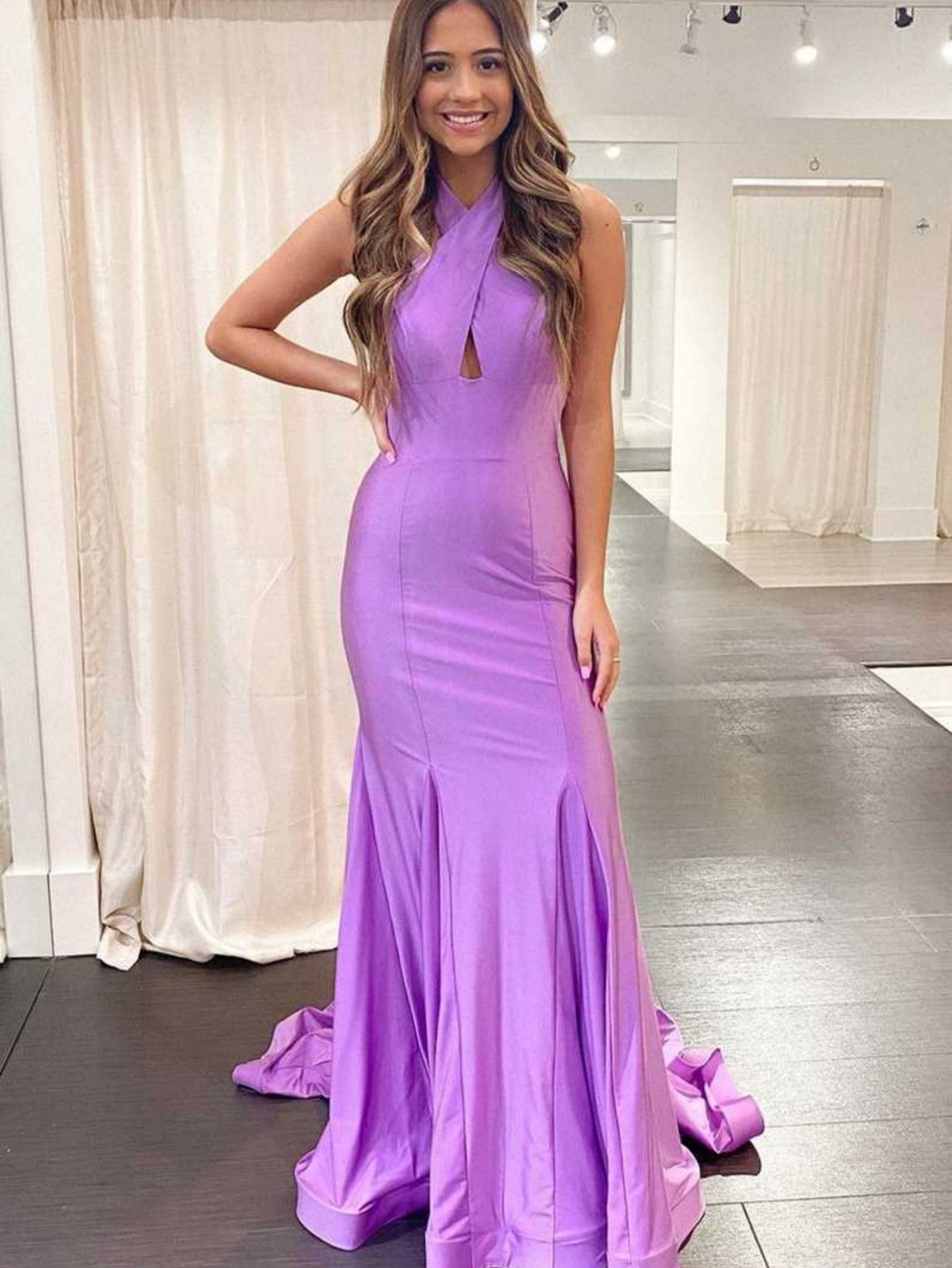 Halter Cross Neck Purple Long Bodycon Prom Dress