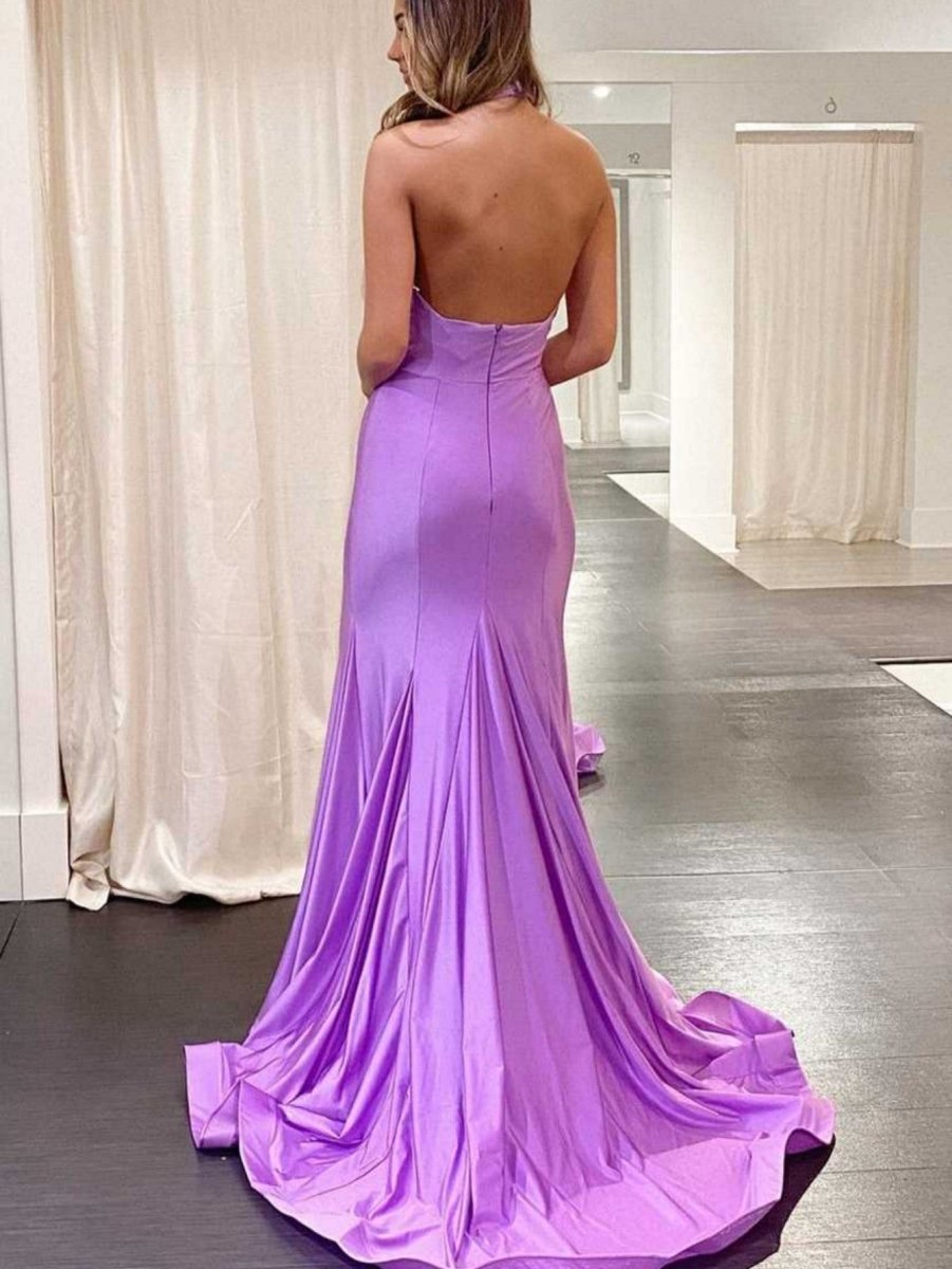 Halter Cross Neck Purple Long Bodycon Prom Dress - KissProm