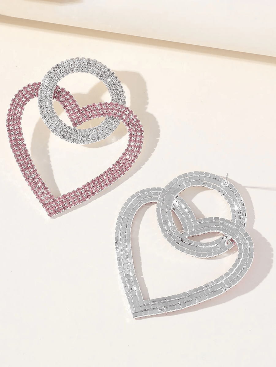 Pink Rhinestones Heart Hoop Earrings - KissProm