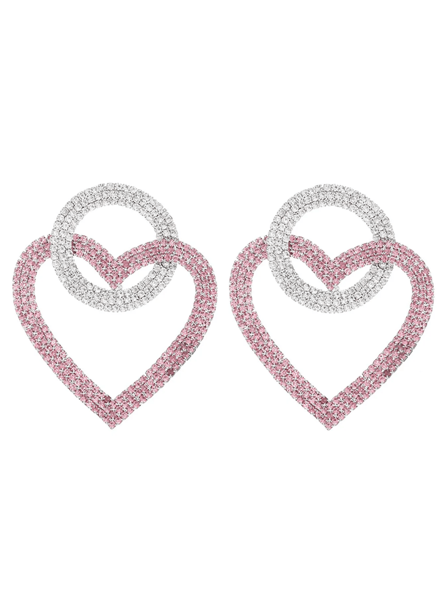 Pink Rhinestones Heart Hoop Earrings - KissProm