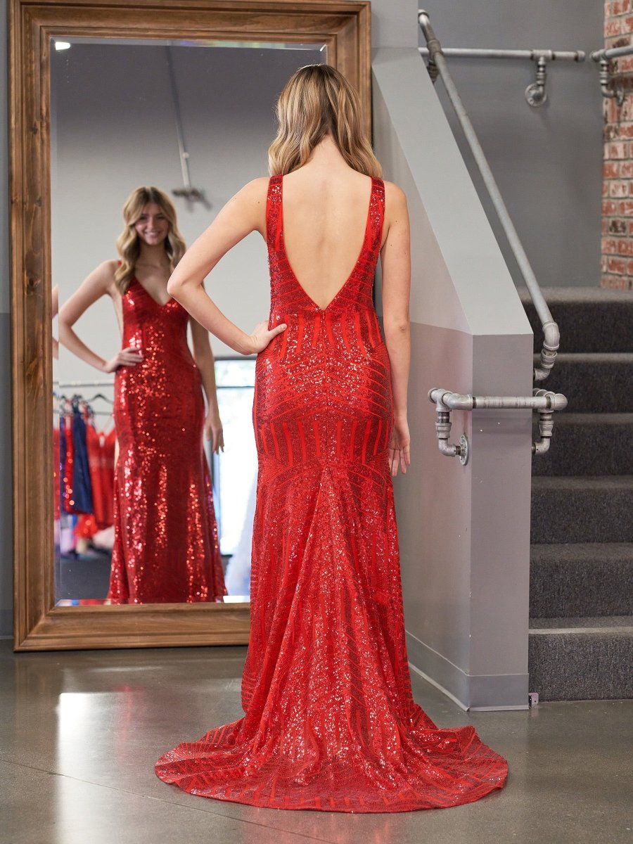 Nina | Red Mermaid Deep V Neck Sequins Prom Dress - KissProm