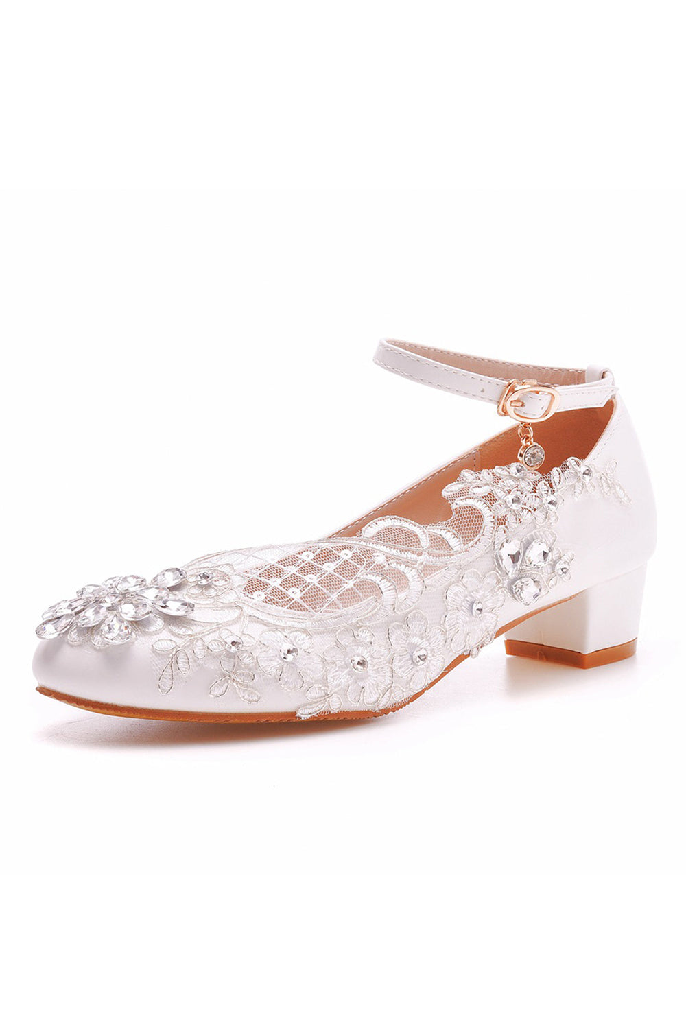 Round Toe Lace Rhinestones Ankle Strap Chunky Heel Wedding Shoes