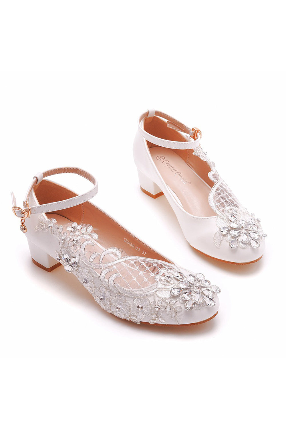 Round Toe Lace Rhinestones Ankle Strap Chunky Heel Wedding Shoes