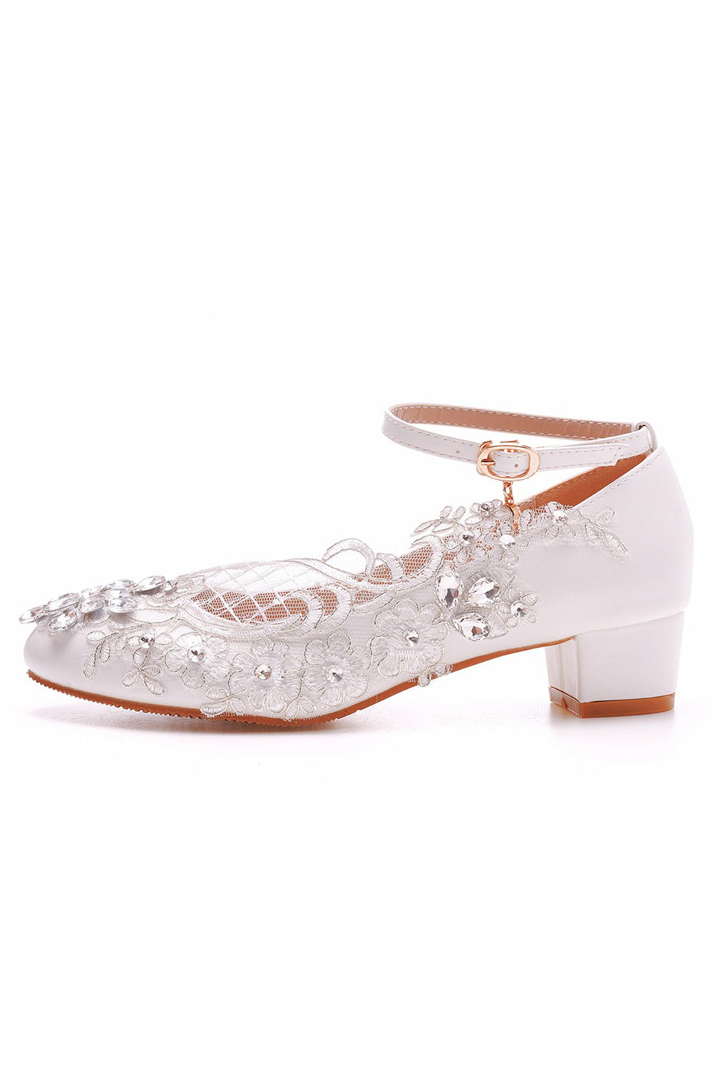 Round Toe Lace Rhinestones Ankle Strap Chunky Heel Wedding Shoes