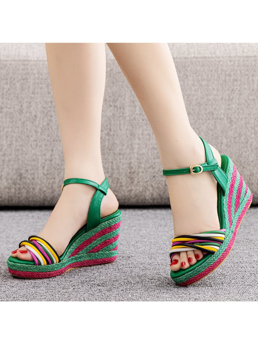 Bohemian Open Toe Platform Sandals Woven Straw Wedges - KissProm