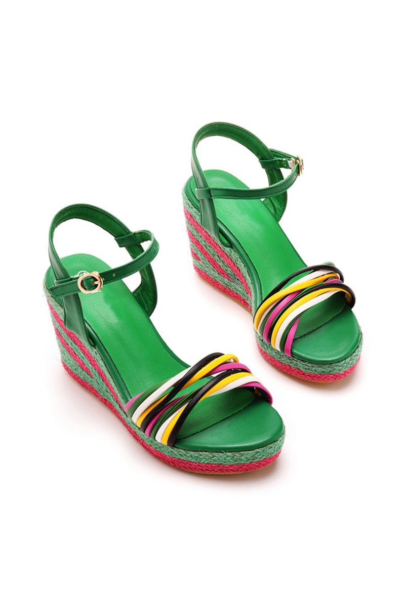 Bohemian Open Toe Platform Sandals Woven Straw Wedges - KissProm