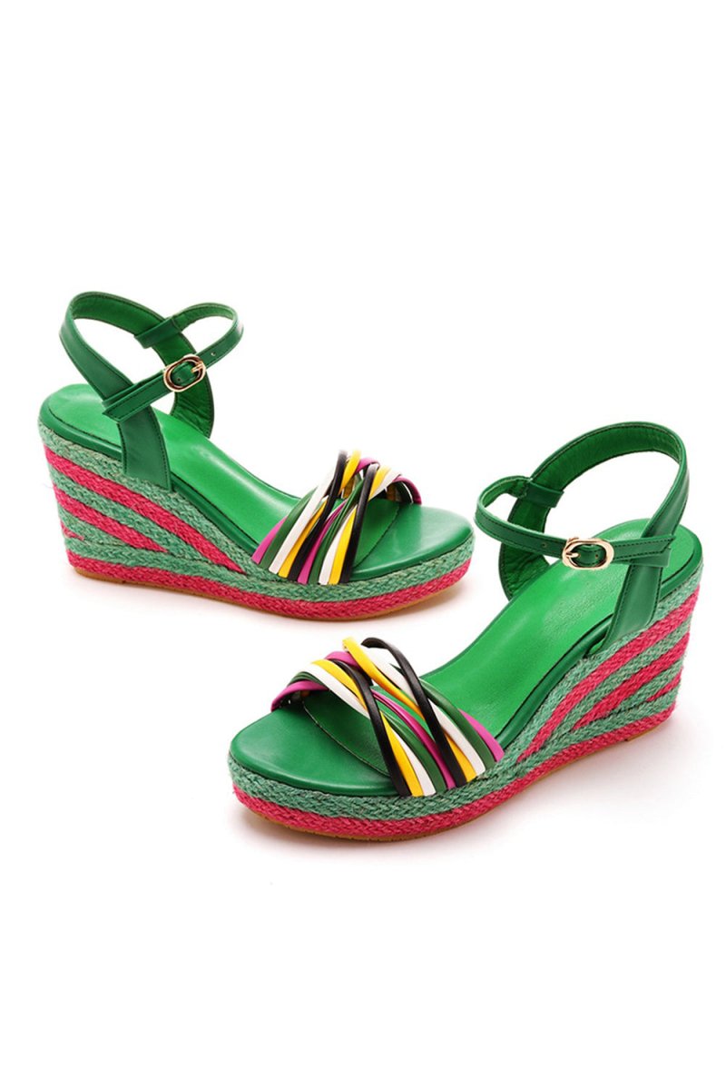 Bohemian Open Toe Platform Sandals Woven Straw Wedges - KissProm