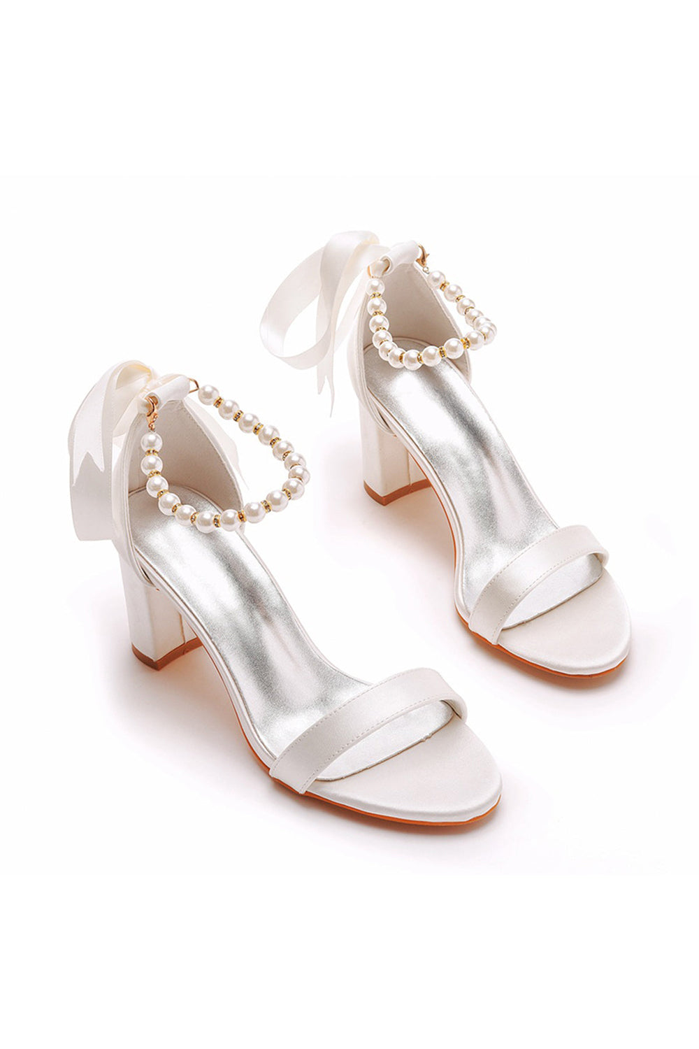 Elegant Pearl Ribbon Tie Satin Open Toe Ankle Strap Block High Heels