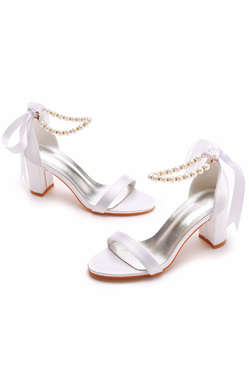 Elegant Pearl Ribbon Tie Satin Open Toe Ankle Strap Block High Heels