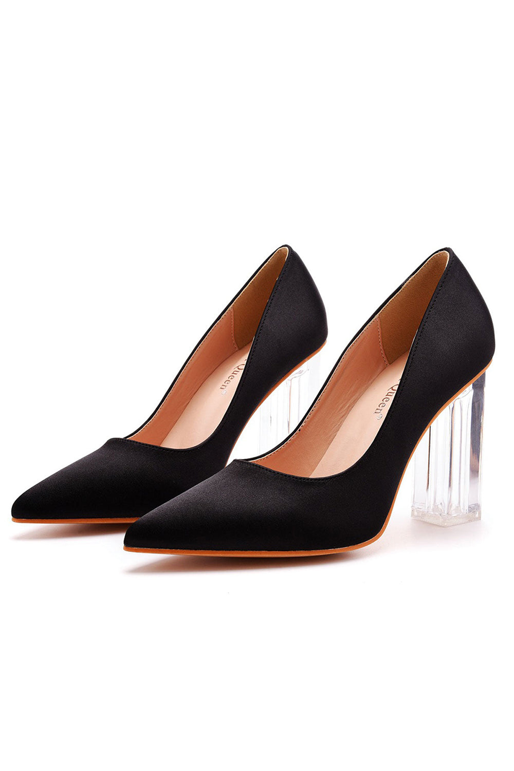 Simple Satin Slip on Pointed Toe Transparent Block Heels