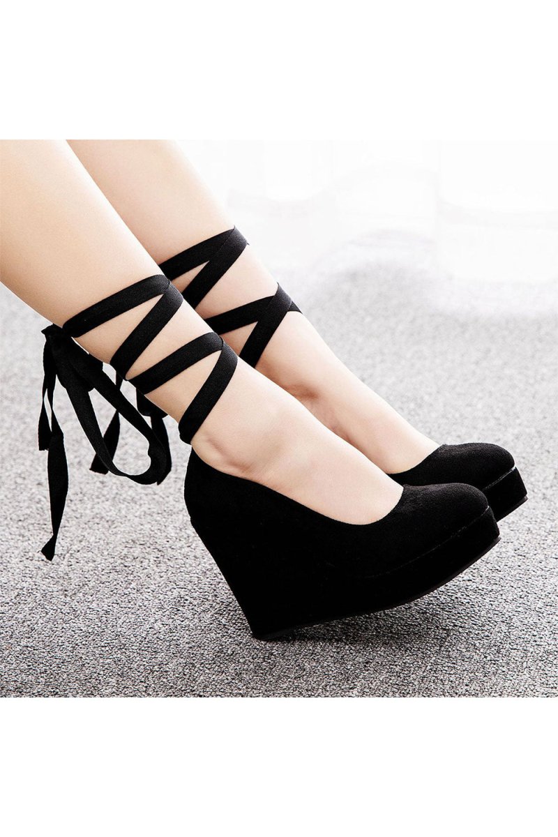 Sweet Round Toe Platform Heels Ankle Strap Wedges Heels - KissProm