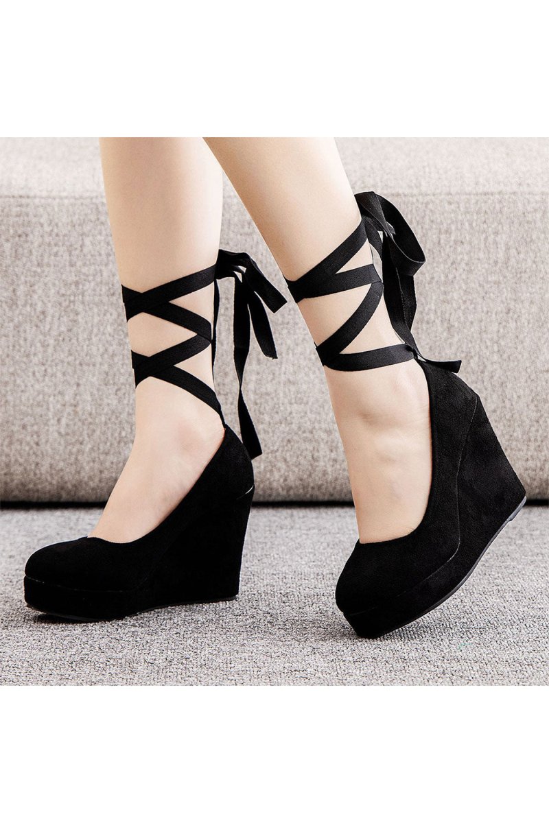 Sweet Round Toe Platform Heels Ankle Strap Wedges Heels - KissProm