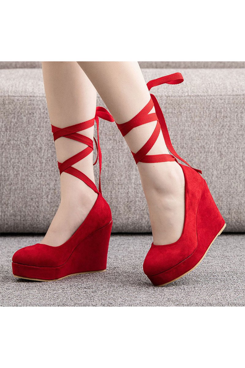 Sweet Round Toe Platform Heels Ankle Strap Wedges Heels - KissProm