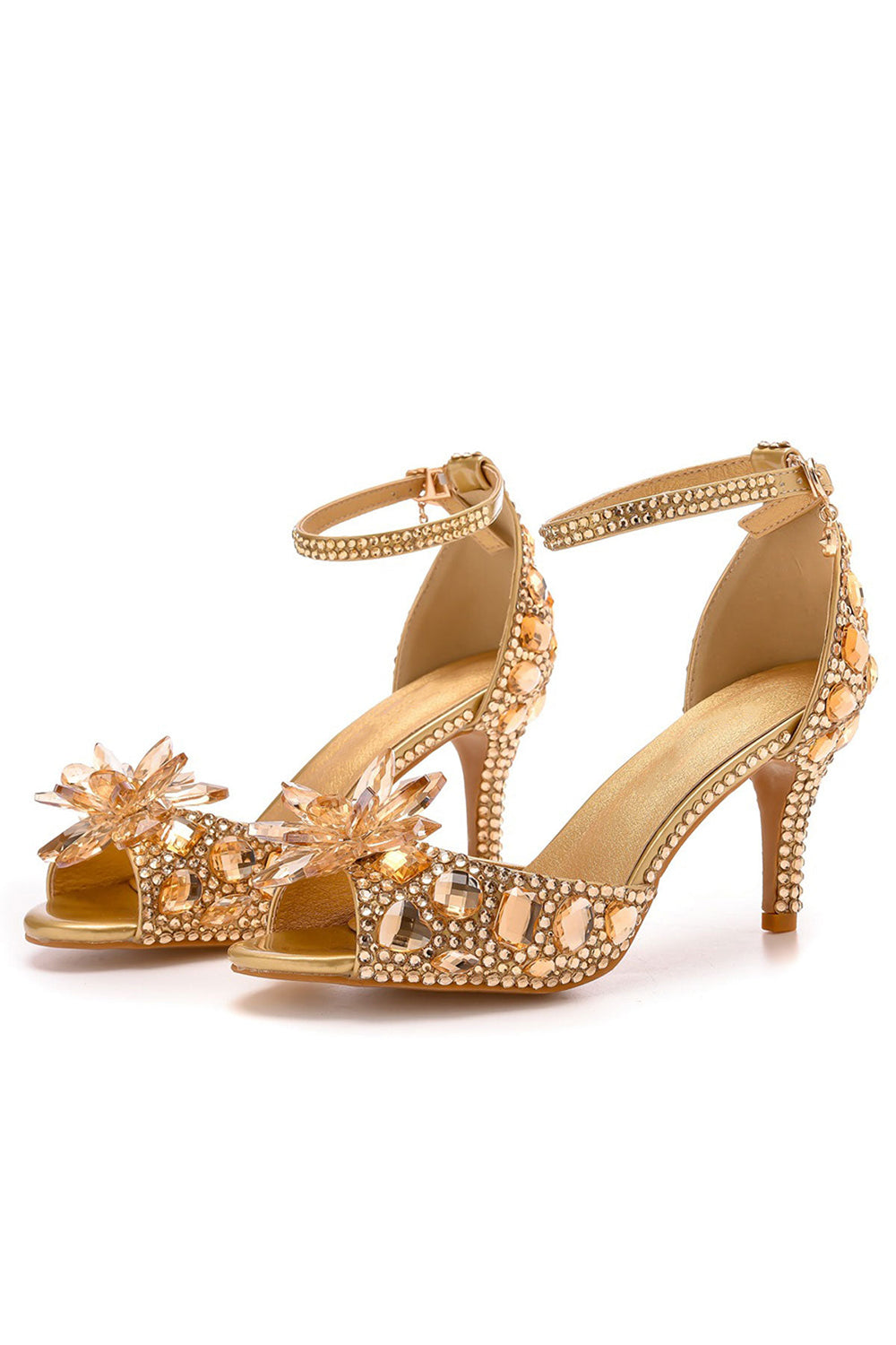 Crystal Rhinestone Decor Peep Toe Stiletto Ankle Strap High Heels