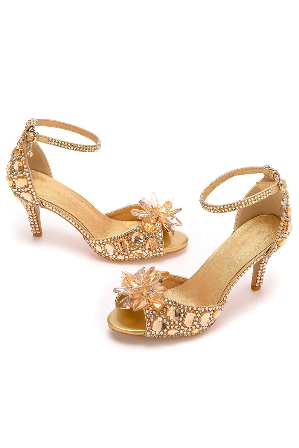 Crystal Rhinestone Decor Peep Toe Stiletto Ankle Strap High Heels