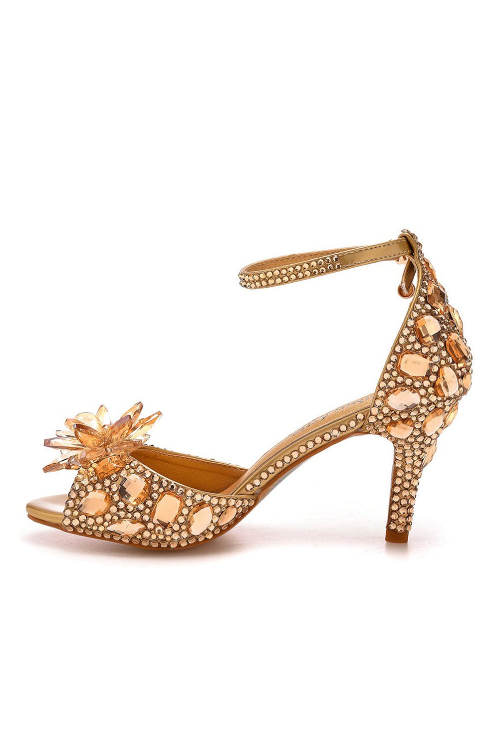 Crystal Rhinestone Decor Peep Toe Stiletto Ankle Strap High Heels