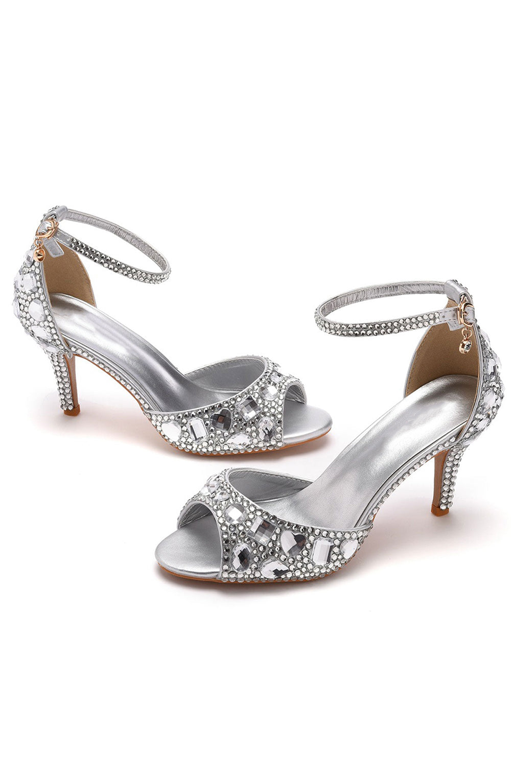 Crystal Rhinestone Peep Toe High Heels Ankle Strap Sandals