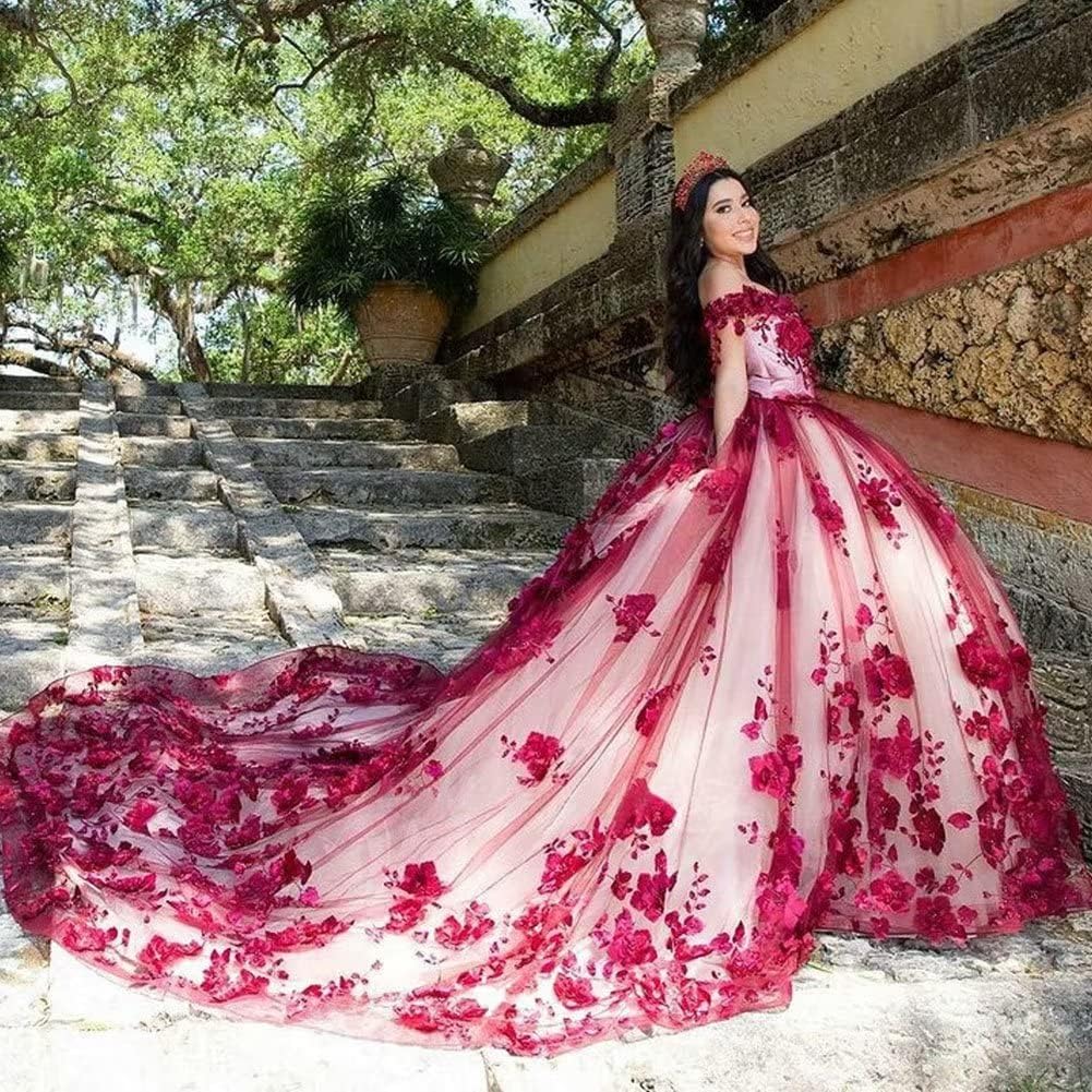 Red Lace Quinceanera Dress Off Shoulder Corset Vestidos Pearls Flowers