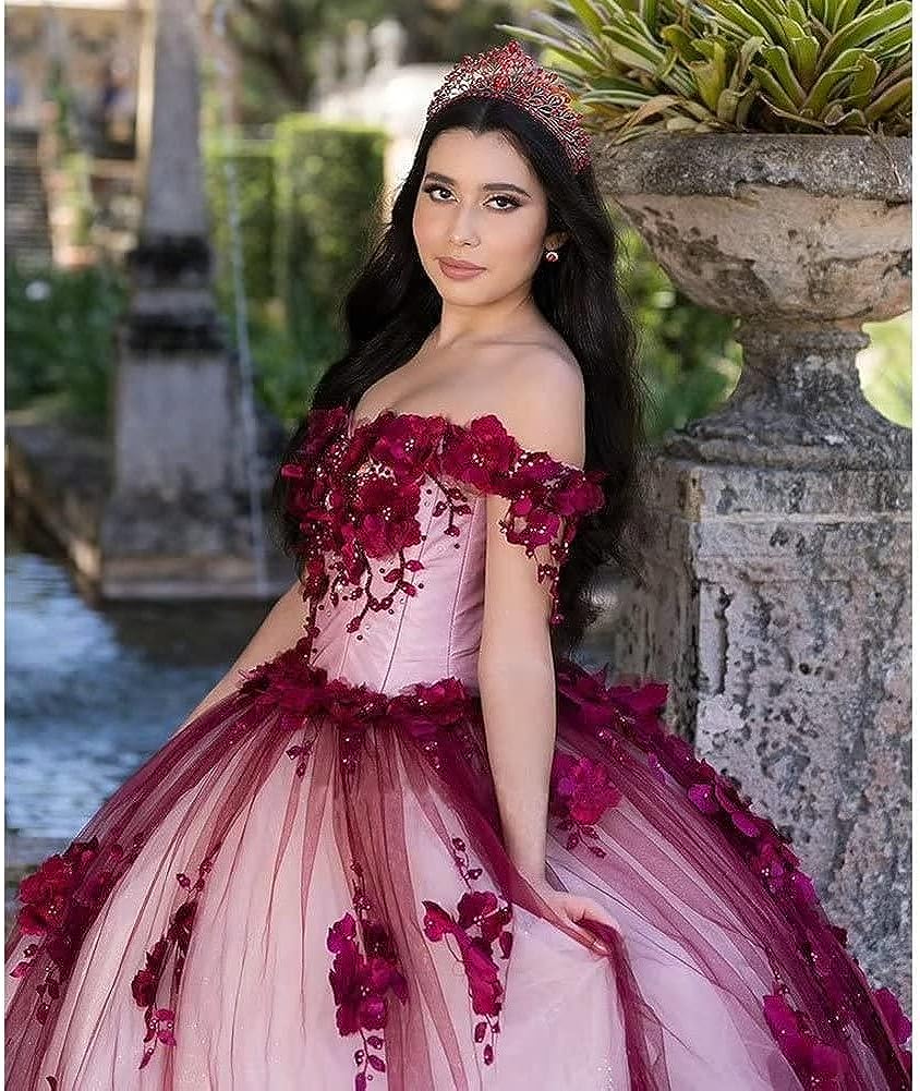 Red Lace Quinceanera Dress Off Shoulder Corset Vestidos Pearls Flowers
