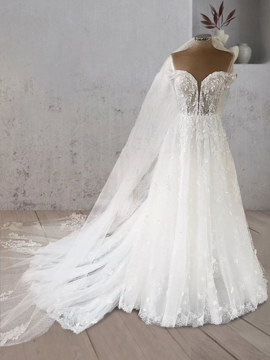 Issel | Sweetheart Off the Shoulder A-Line Tulle Lace Applique With Tulle Train Wedding Dress