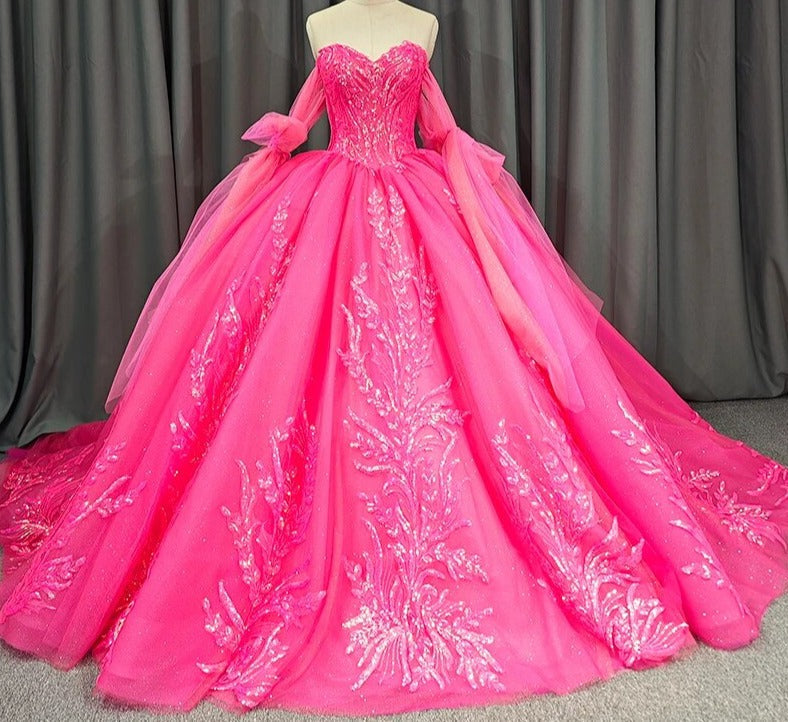 Lace Hot Pink Sequins Ball Gown Quinceañera Dress