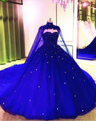 Royal Blue Tulle Ball Gown Prom Dress With Cape - KissProm