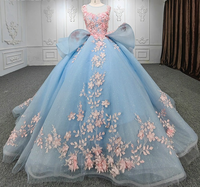 Quinceanera Blue Flower Ball Gown Dress | KissProm