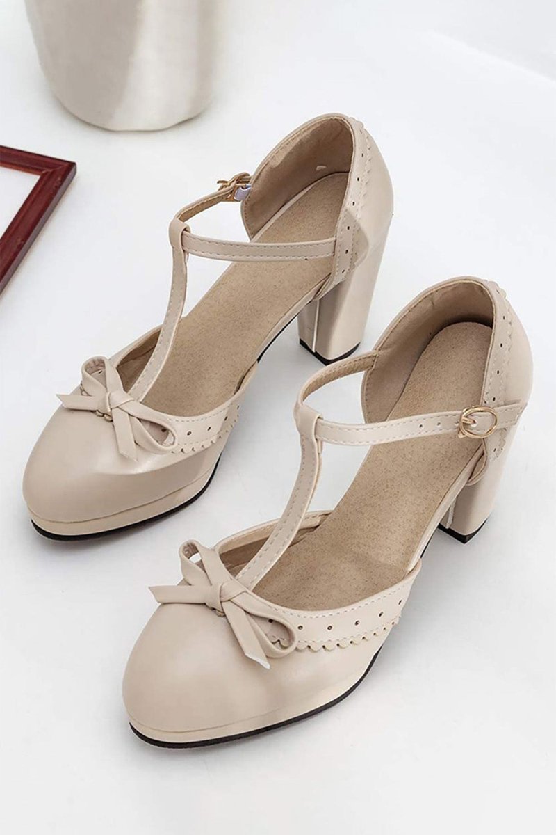 Retro Bow T - Strap High Heels Shoes - KissProm