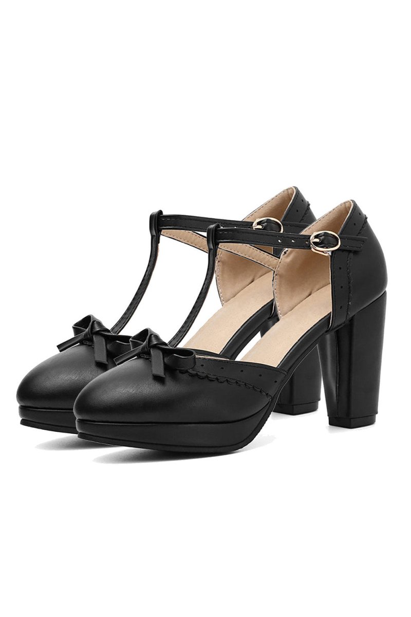 Retro Bow T - Strap High Heels Shoes - KissProm