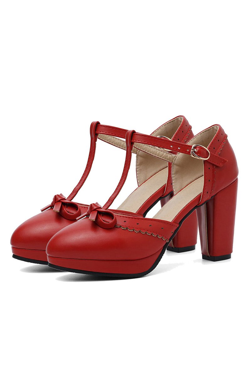 Retro Bow T - Strap High Heels Shoes - KissProm