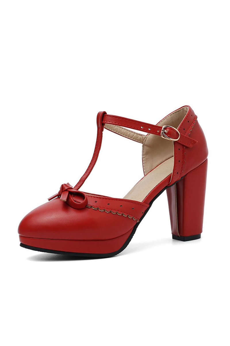 Retro Bow T - Strap High Heels Shoes - KissProm