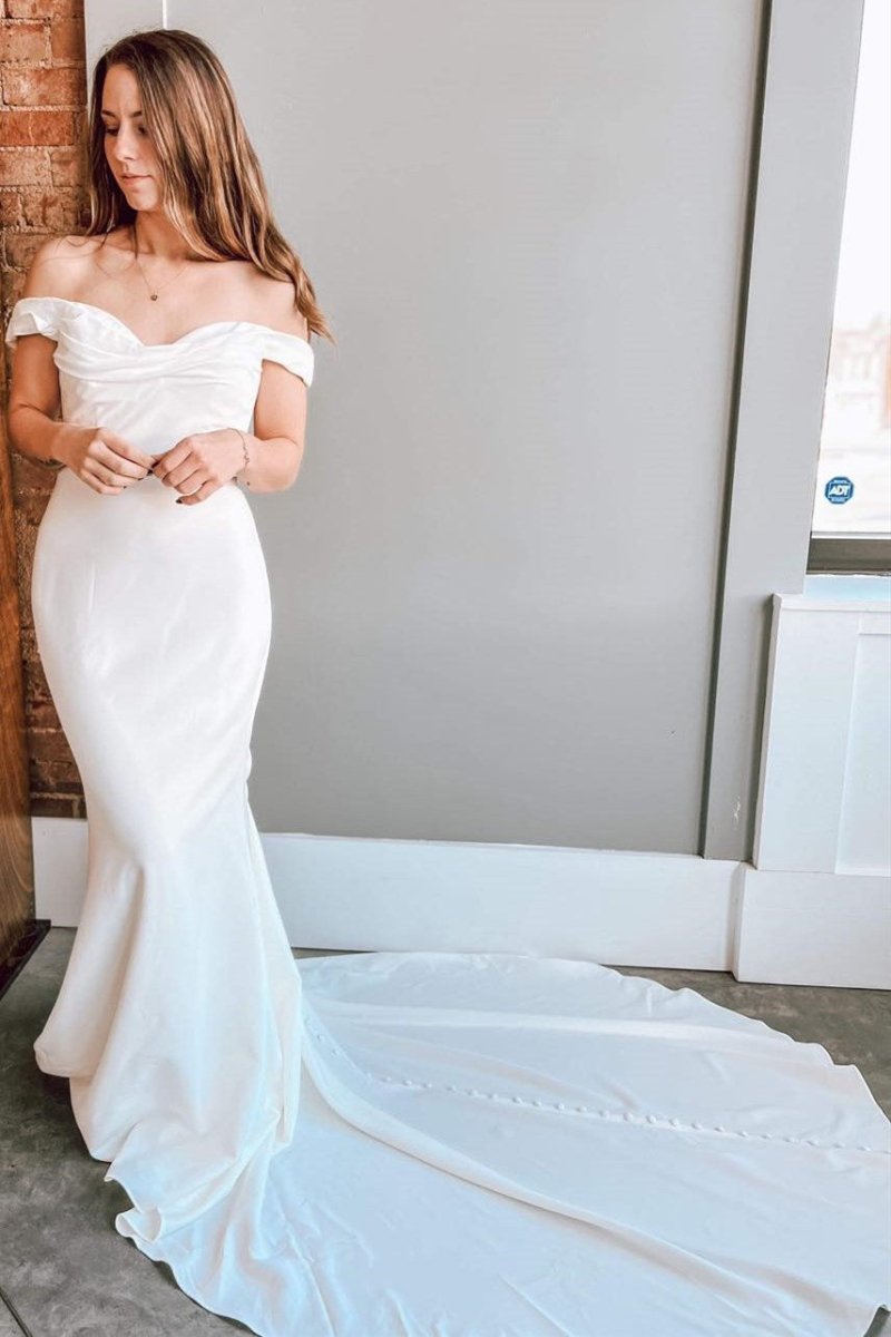 Off - the - Shoulder White Trumpet Long Wedding Dress - KissProm