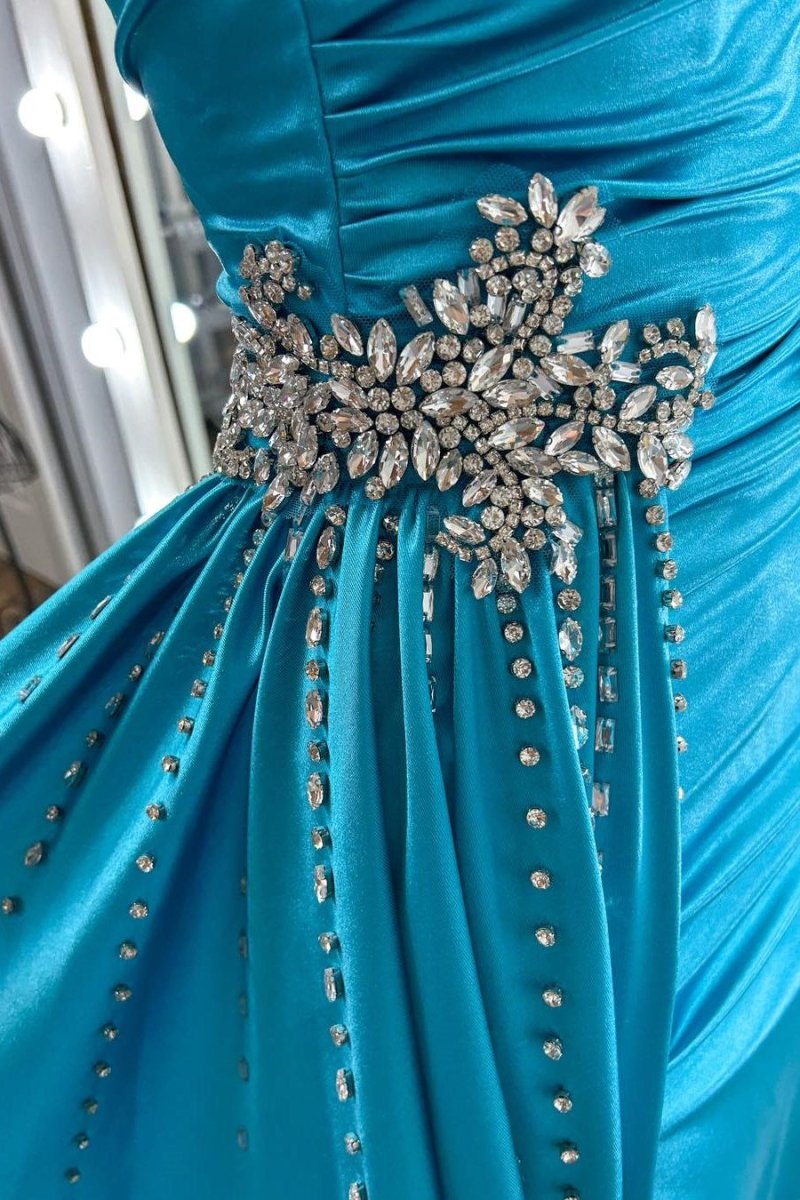 Earl | Teal Beaded Spaghetti Strap Long Gown with Attached Train - KissProm